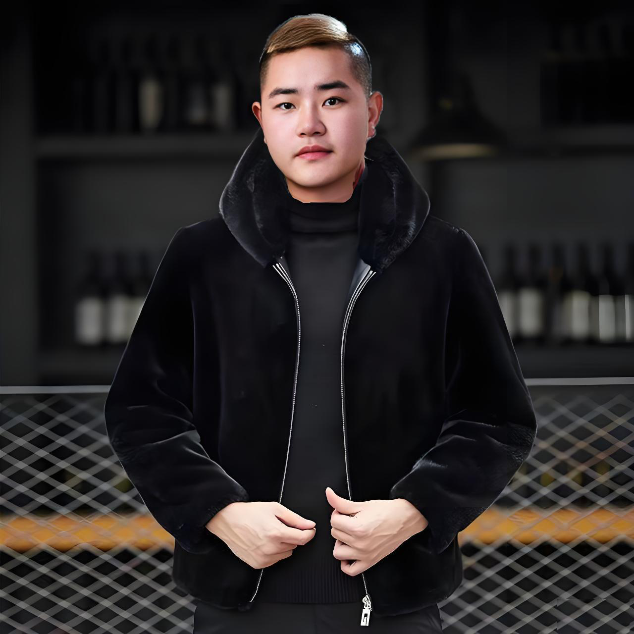 【金钱豹专属】连帽款经典皮毛一体时尚男款简约防寒保暖皮衣大衣