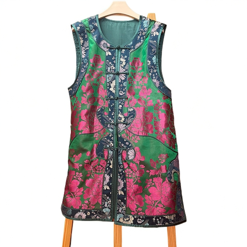 精工新中式老软缎国风中长款马甲刺绣真丝马甲国风女装波