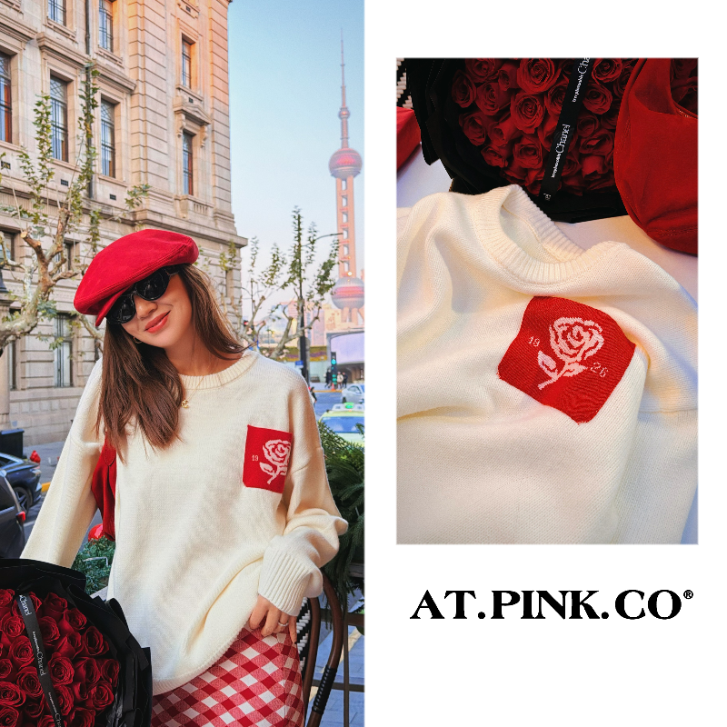 【三三品牌】复古玫瑰花新年毛衣套头针织外套加厚保暖秋冬 FY356