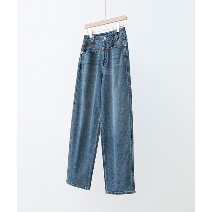 分割设计高腰复古水洗休闲牛仔裤NZK3C2004