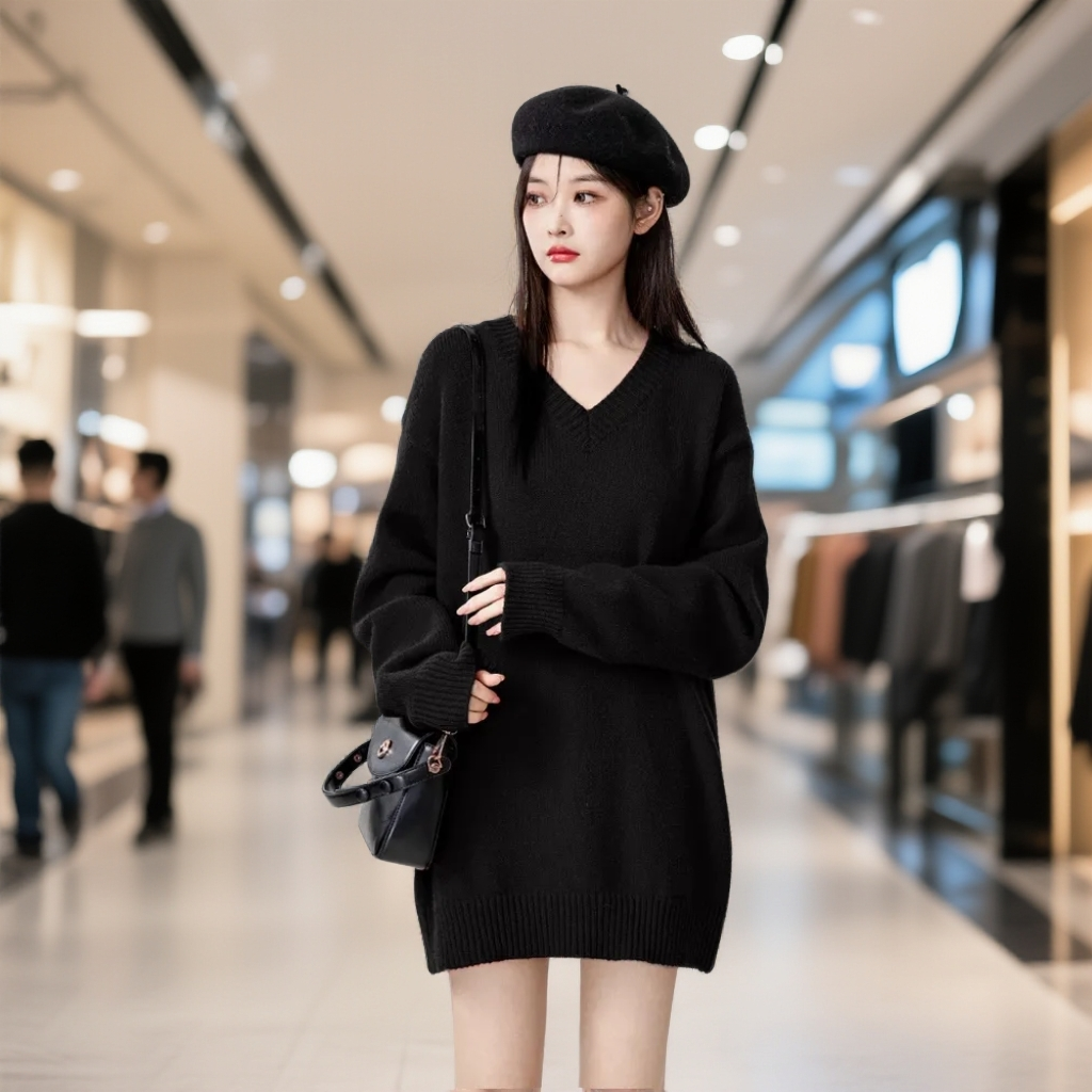 连衣裙女秋冬新款V领宽松慵懒风中长款毛衣裙配大衣针织打底裙