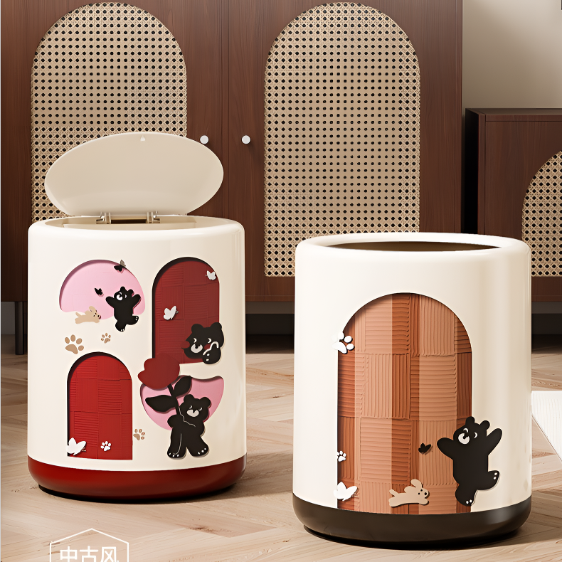 居家客厅高颜值家用大容量中古风垃圾桶儿童房卡通按压带盖垃圾桶