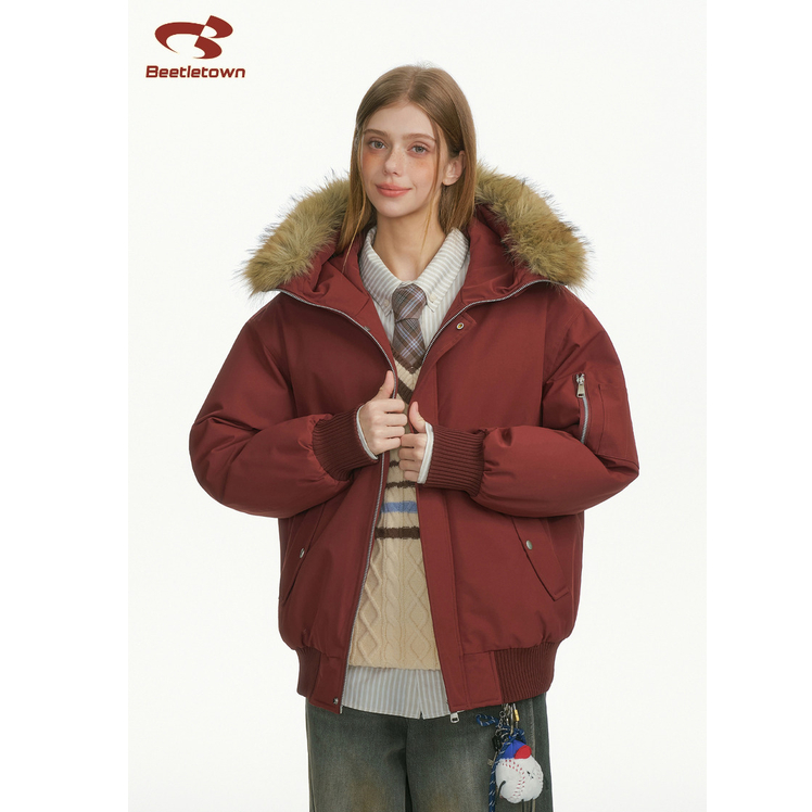 BEETLE TOWN大毛领连帽派克服棉服厚外套女秋冬情侣保暖休闲棉衣