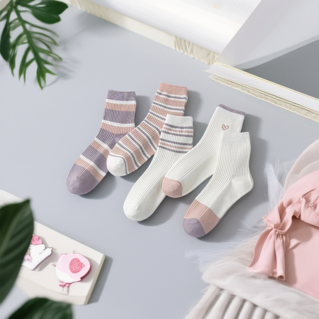 女士秋冬季高端精品中筒袜彩条纹简约韩版双针棉袜