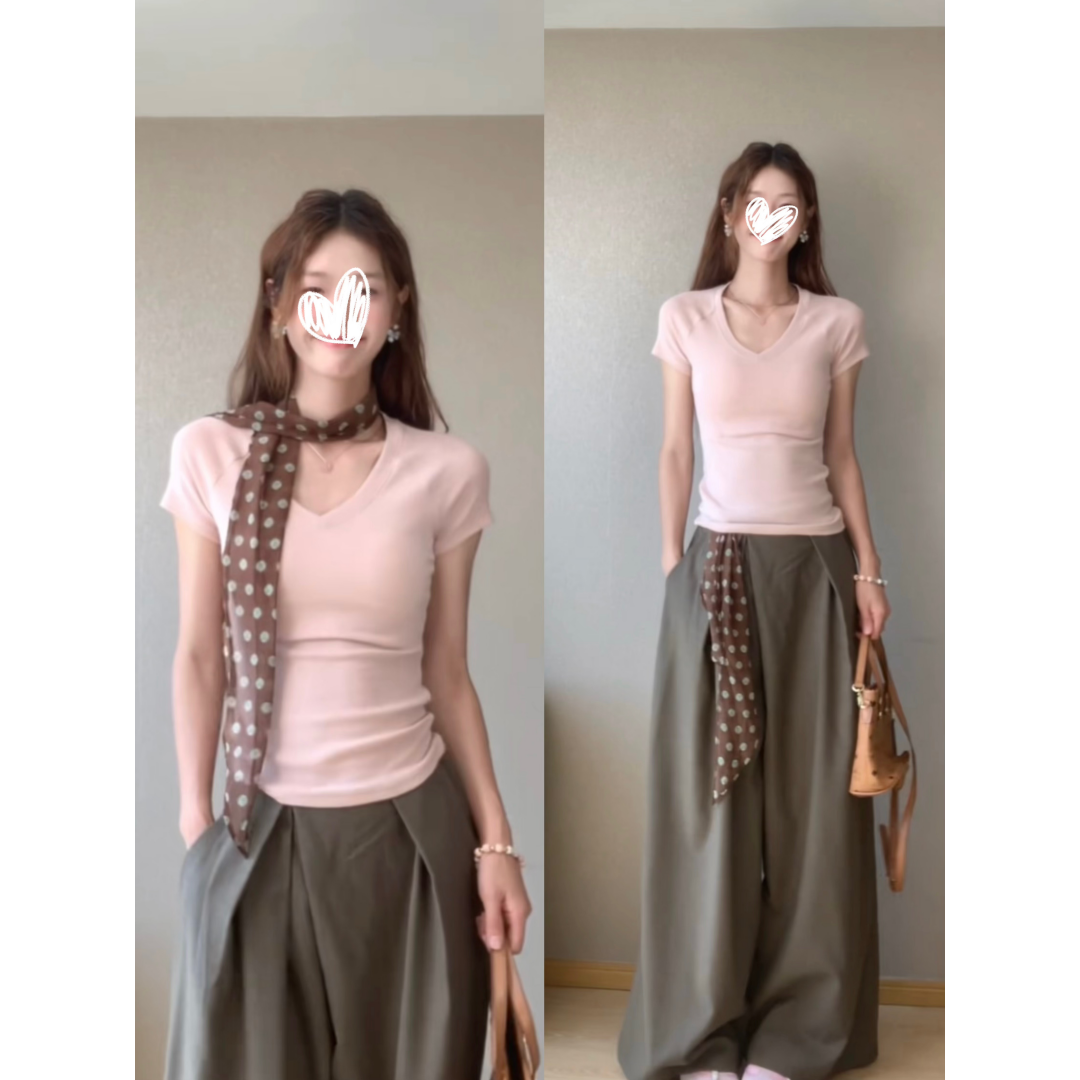 粉色V领短袖T恤女+低腰阔腿慵懒拖地裤压褶垂坠宽松休闲裤 60015