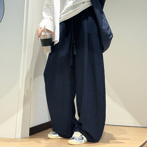 纯色亚麻裤夏季时尚百搭抽绳松紧腰弯刀裤休闲垂感