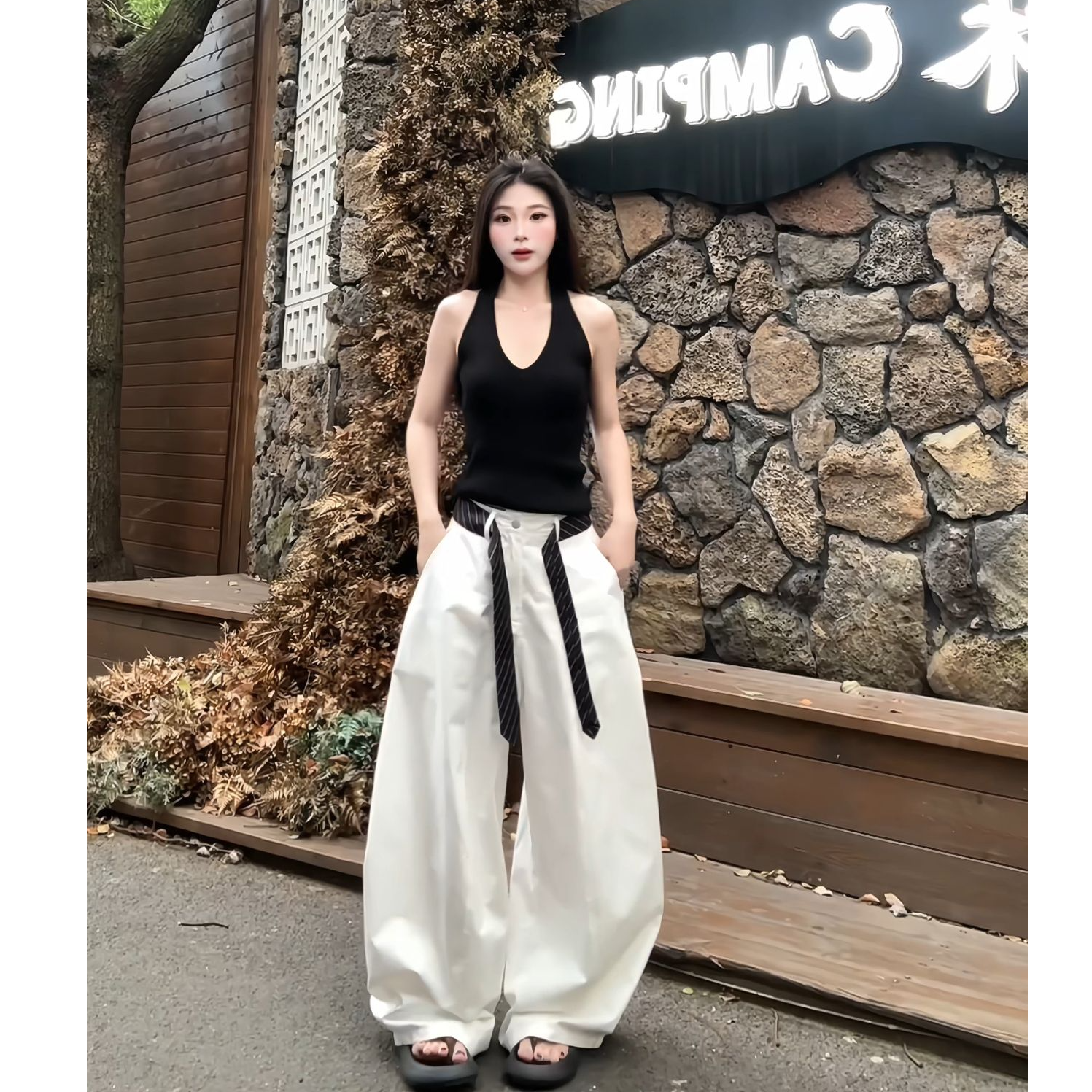 夏季新款气质透气轻薄高腰宽松百搭垂感阔腿裤白色休闲裤女