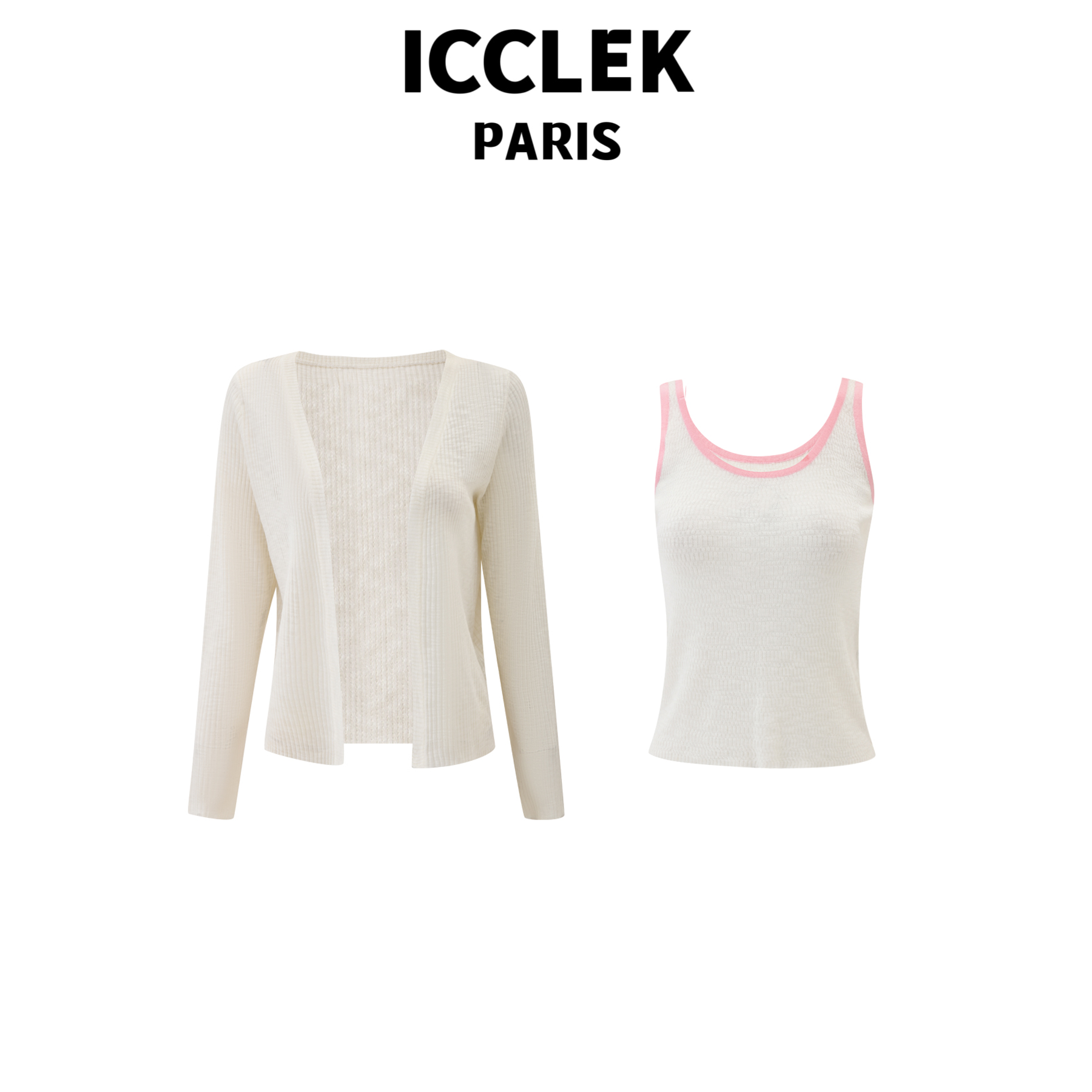 ICCLEK 白色长袖薄款针织衫两件套百搭通勤慵懒时尚休闲上衣-7085