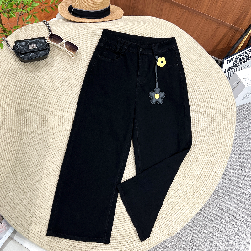 BIMEI大码弹力阔腿长裤牛仔裤休闲风黑色洋气2025新款休闲裤00326