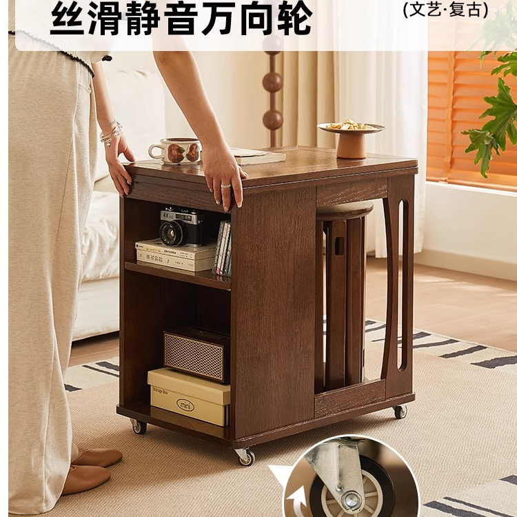 有清实木可折叠茶几客厅沙发边柜复古中古风小推车桌子可移动边几