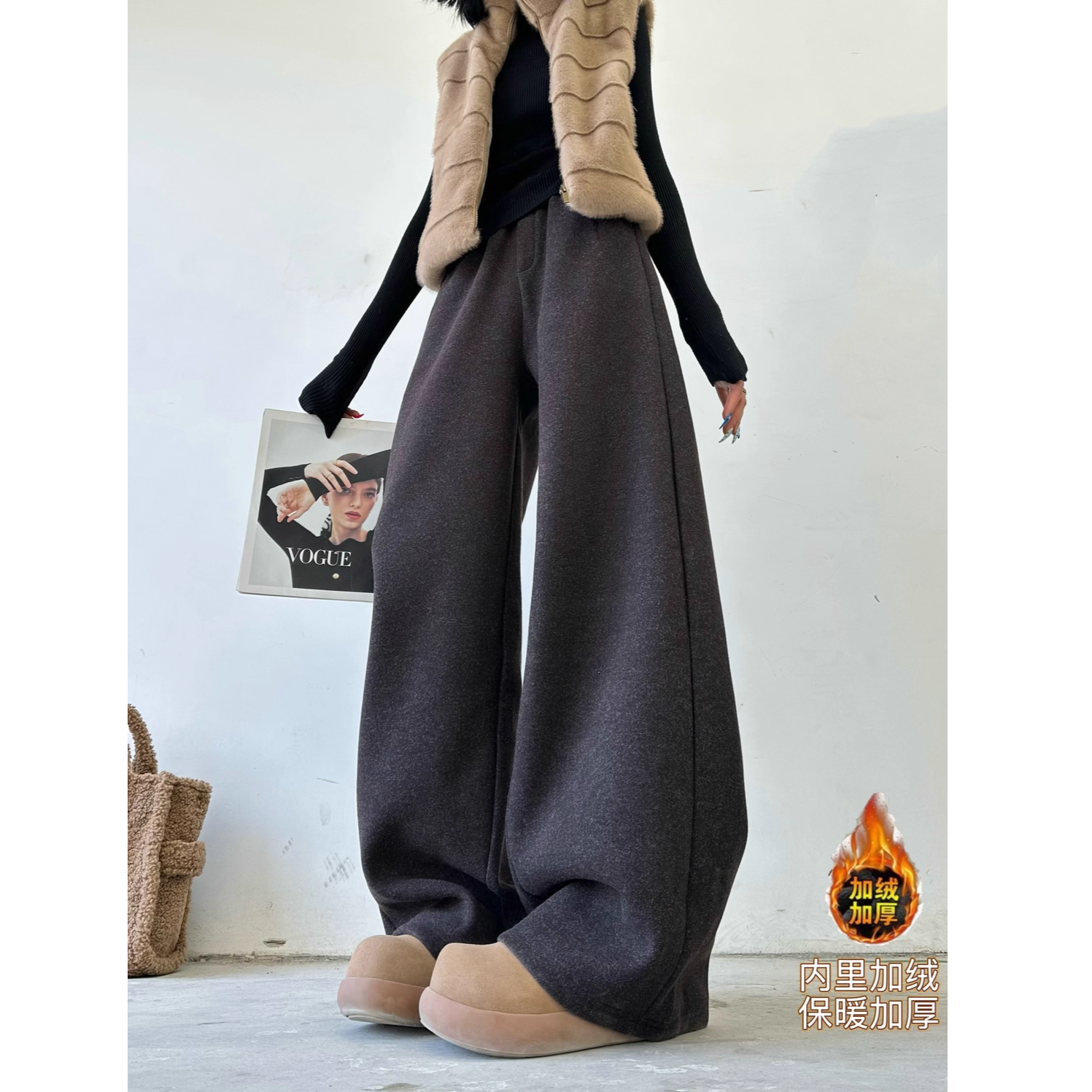 猫猫家加长女裤秋冬加绒加厚高个子超长版弯刀阔腿裤WJ//1109