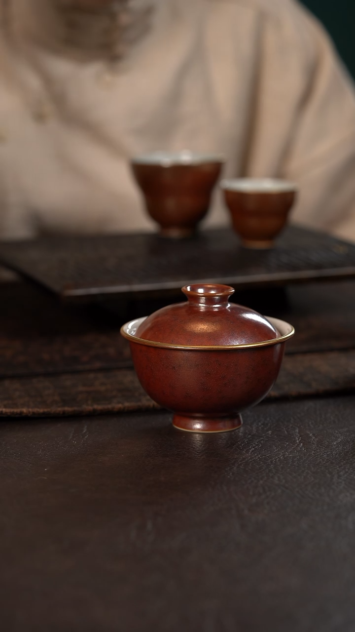 【闪购商品】杯聚澜堂红金花卷边盖碗