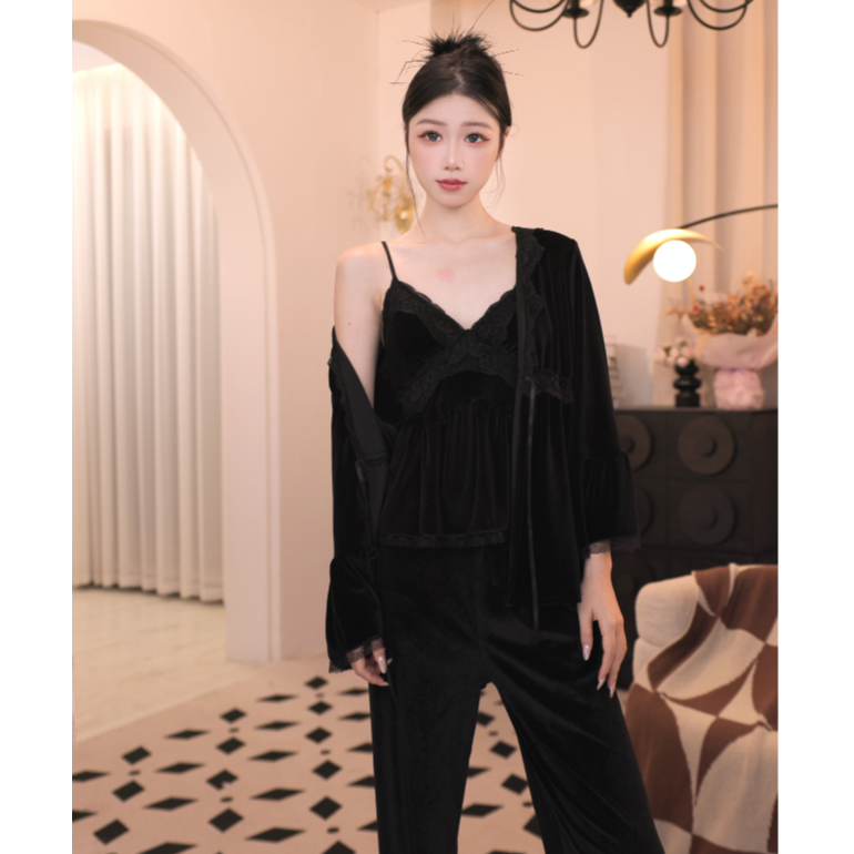 【柏林之恋】丝绒三件套蕾丝睡裙带胸垫性感睡衣纯欲小心机法式轻奢