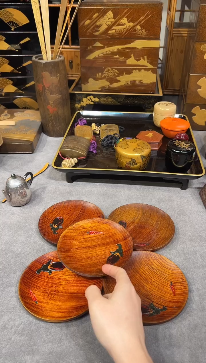 乌城雕 杯垫五片 大漆漆器大漆漆器