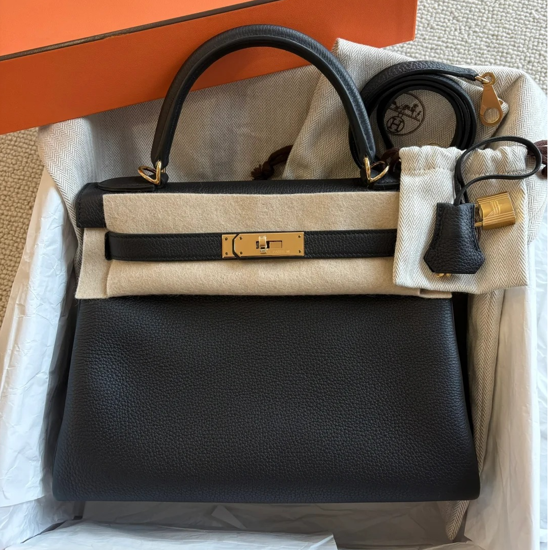 99新 Hermes/爱马仕 小花攀攀Kelly 28 黑色 Togo皮 Y刻 金扣包