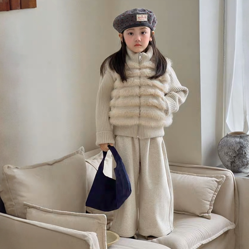 女童仿皮草夹棉外套秋冬2025新品宝宝洋气毛毛拼接卫衣加绒休闲裤