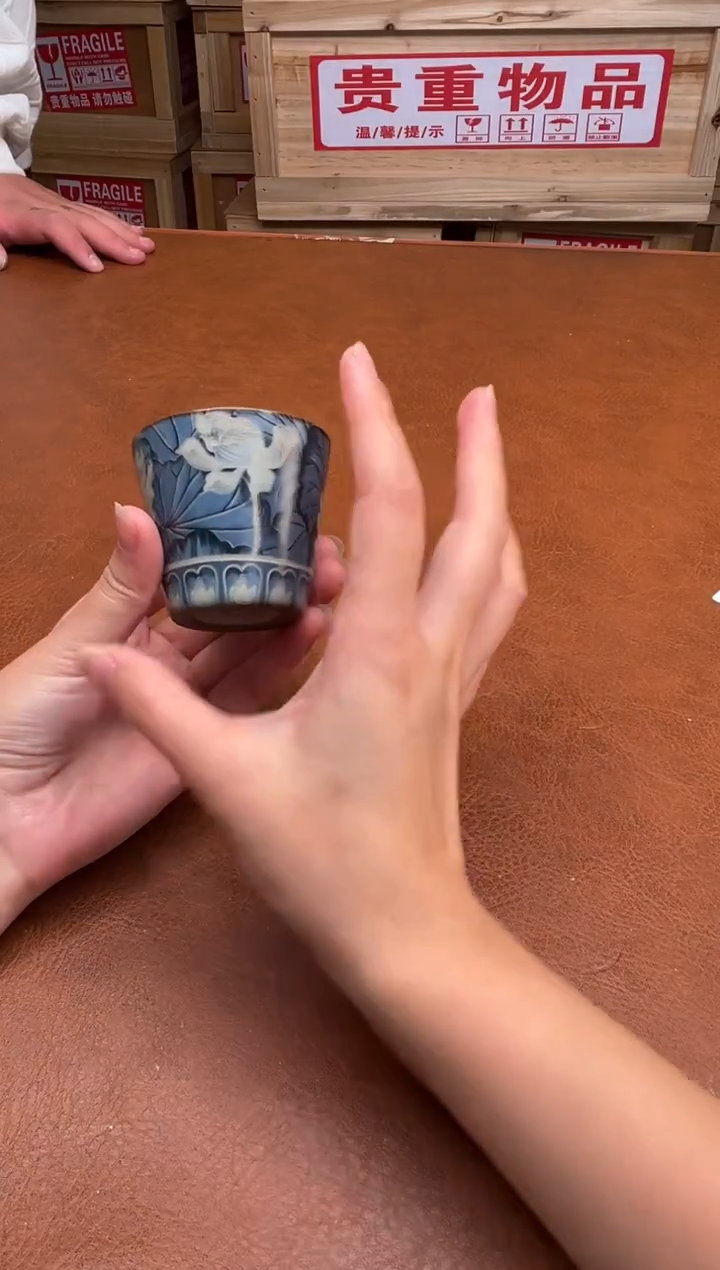 蓝彩荷花斗笠杯V型杯-0104