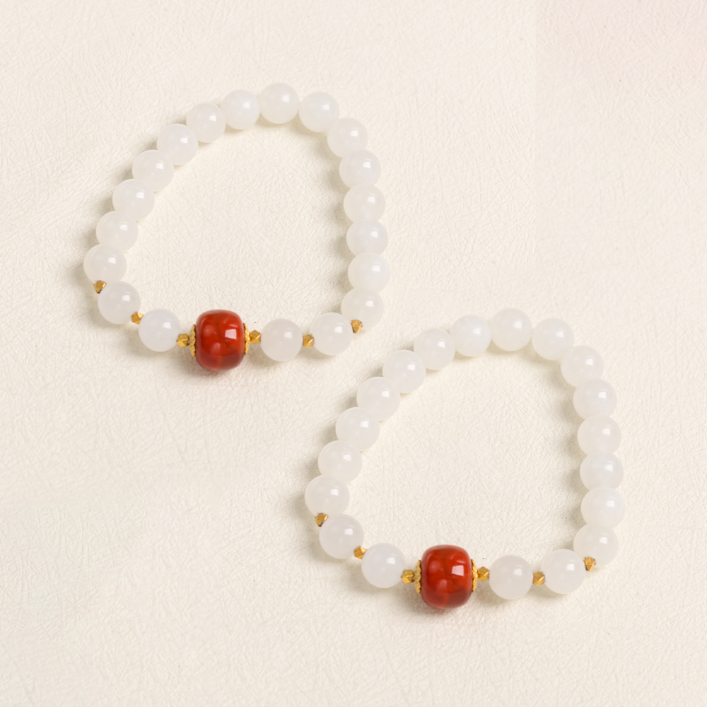 【叭哒不惑】多样性发一18k金8mm青海和田白玉+四川南红手串 15手围