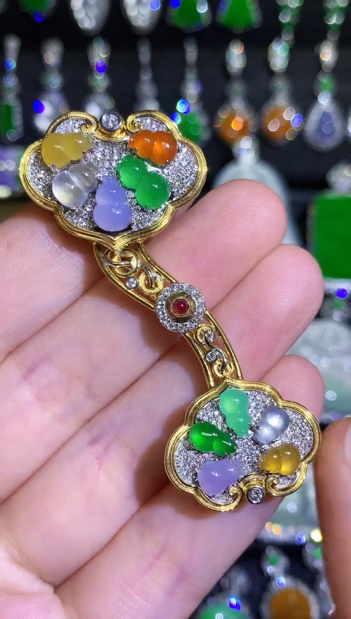 【闪购商品】翡翠18K金镶嵌颈饰高冰彩色葫芦如意胸针吊坠两用款