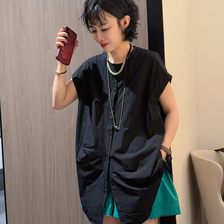 【芬芬姐精选】日式宽松型设计感无袖衬衫ins港风休闲落肩袖