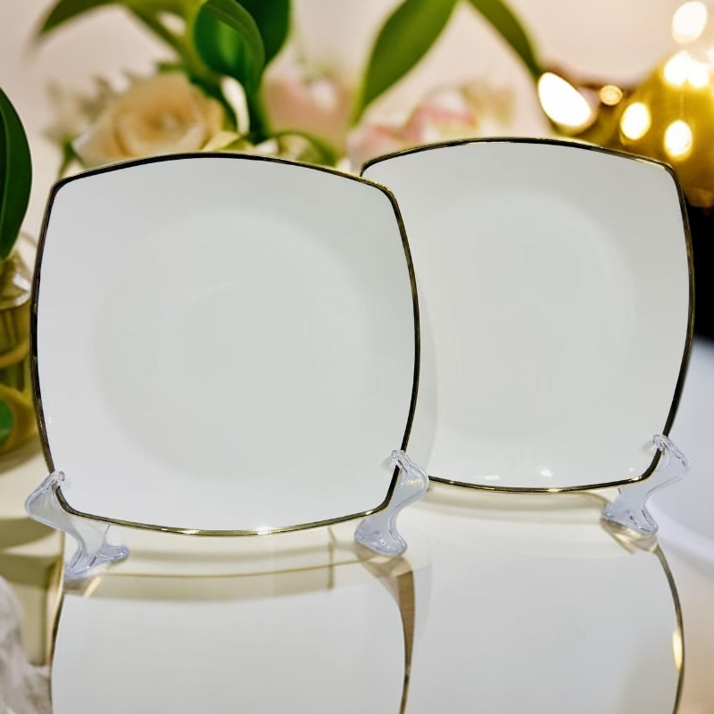 新疆包邮 【金边色一对四方形大盘】 简约金色镶边描边盘方形好凉