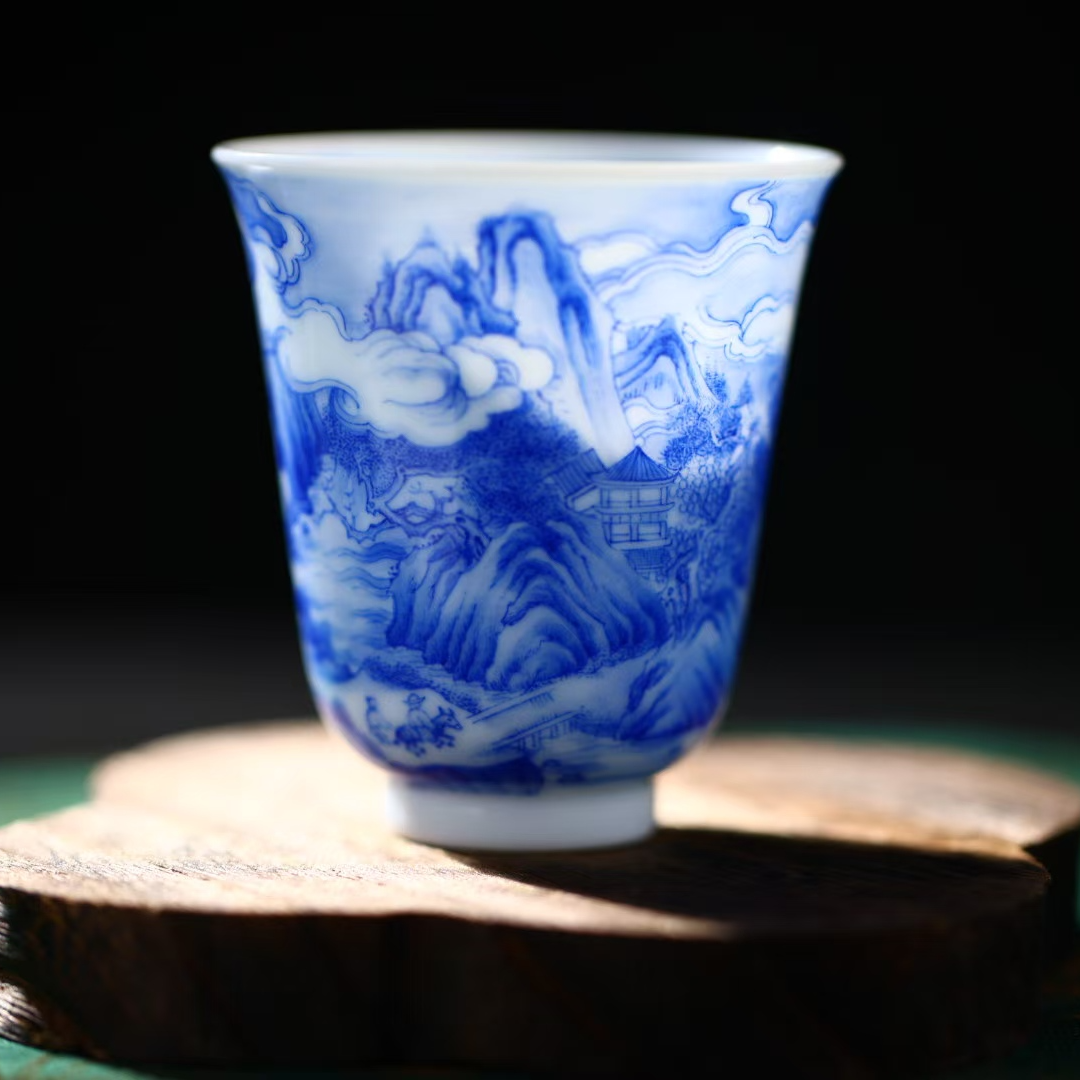 熊友根窑青花山水铃铛杯陶瓷纯手工主人杯山水杯手绘名窑大容量