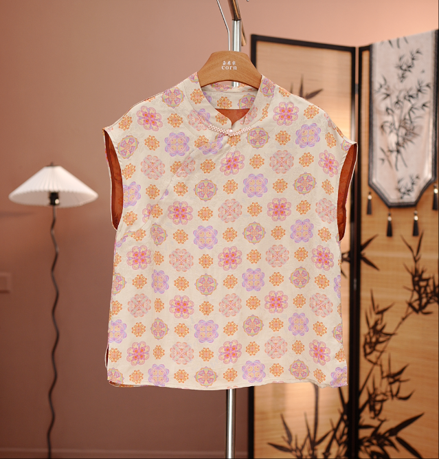 【落月】2025夏季新款新中式国风立领盘扣提花短袖衬衫