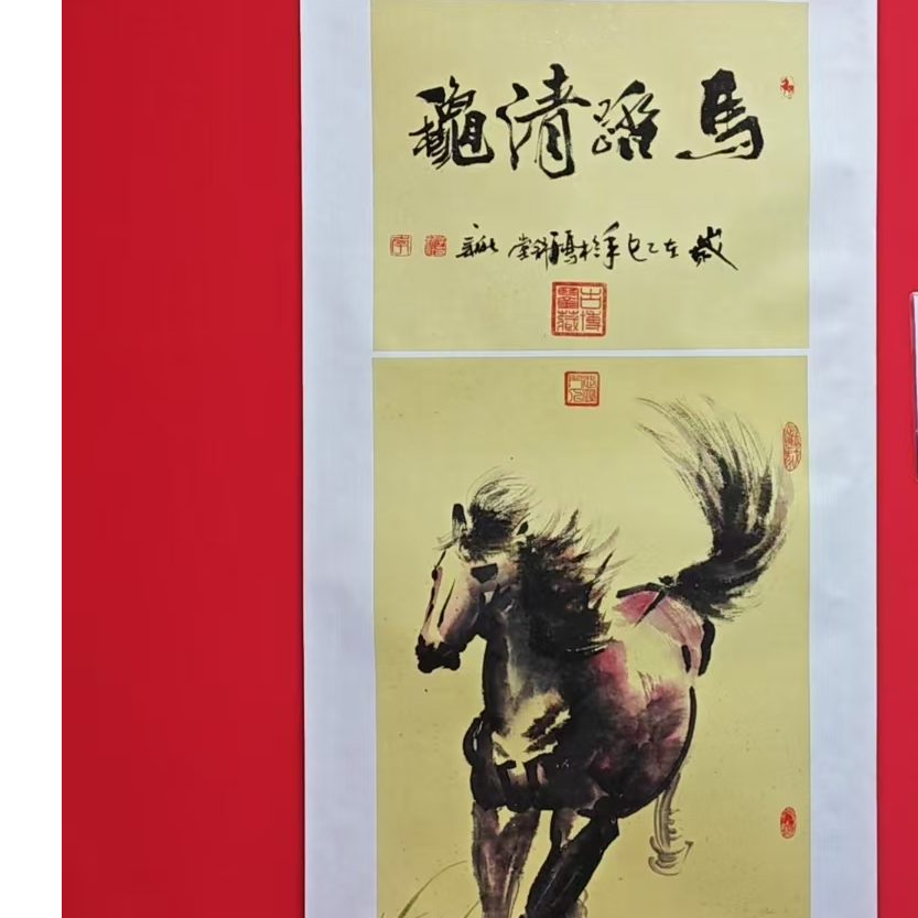 李新社三尺竖幅手绘宣纸马踏清秋-水墨画