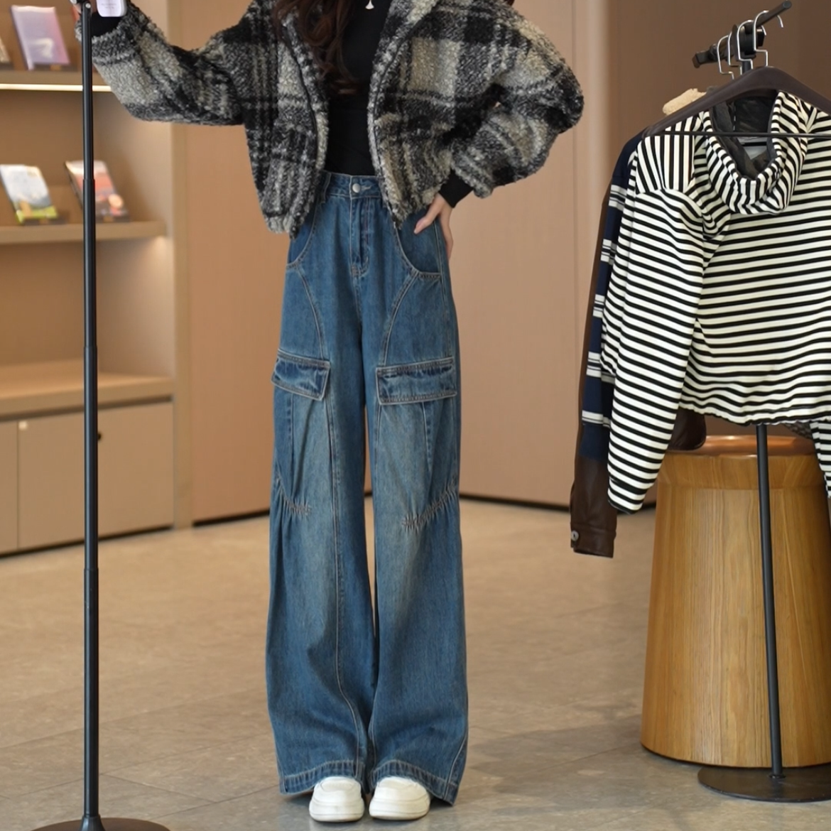 【早春新品】春秋显瘦直筒工装时尚高腰女牛仔设计感韩版春季休闲