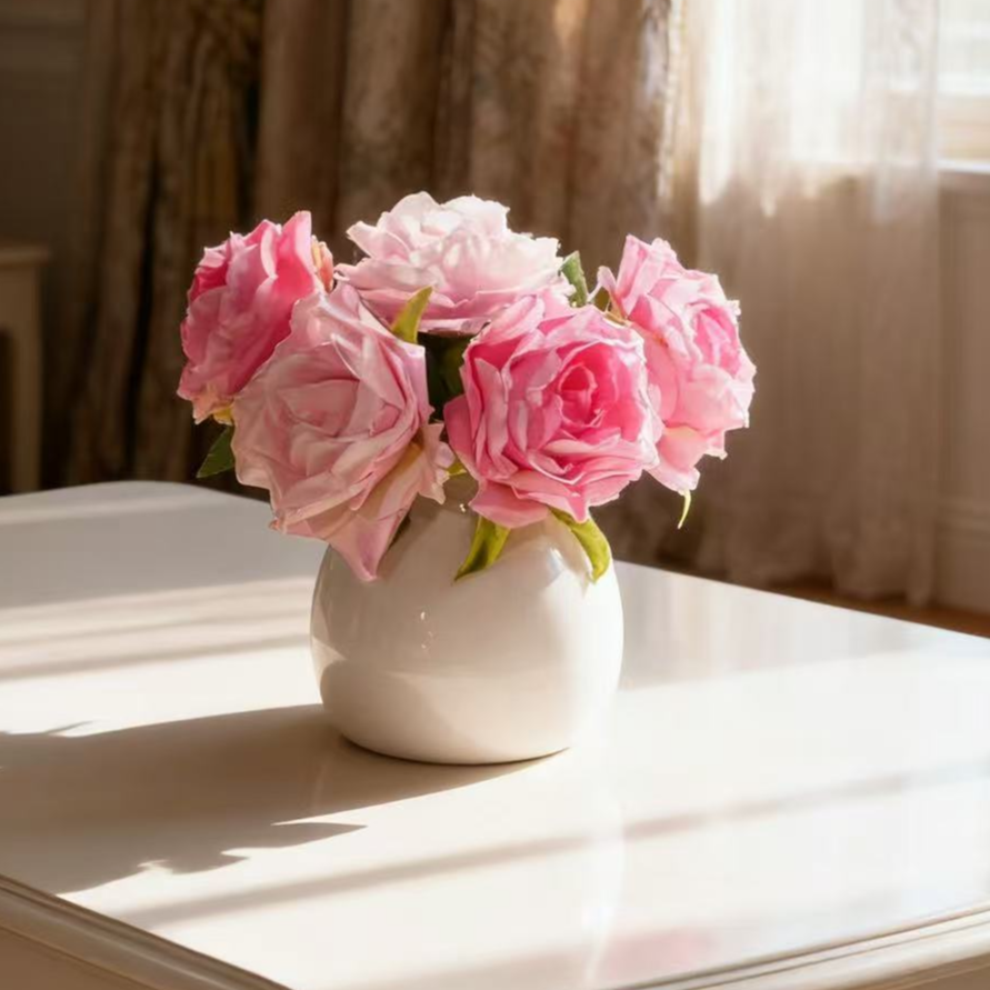 皱边玫瑰花 粉色玫瑰花 混色绢布材质 茶几餐桌仿真花