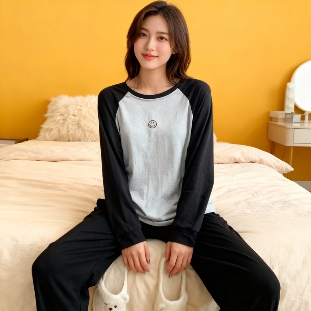 【乔姐严选0066】插肩袖常规款长袖薄款拼接套装针织T恤常规女宽