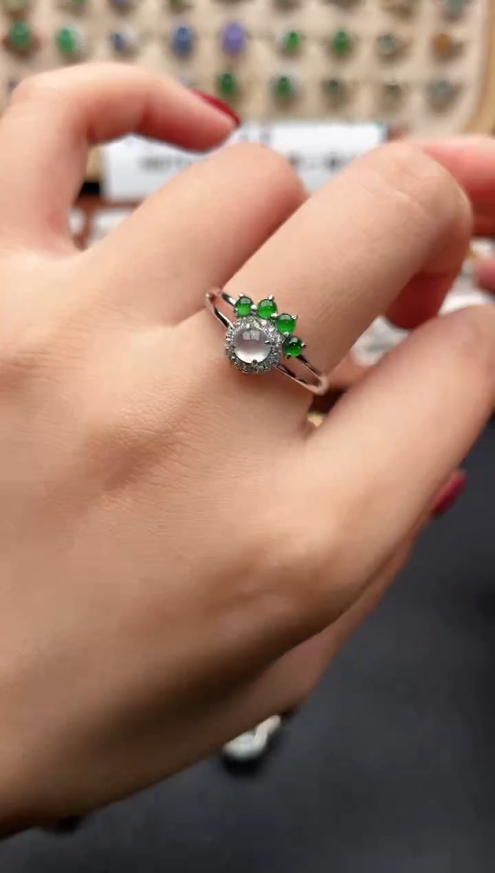 银S925镶嵌戒指翡翠一物一证一礼盒