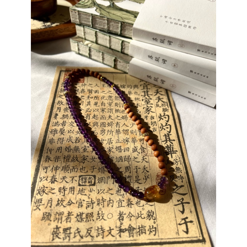 【月月家】C085天然水晶 紫水晶+檀木设计款双圈古韵手链