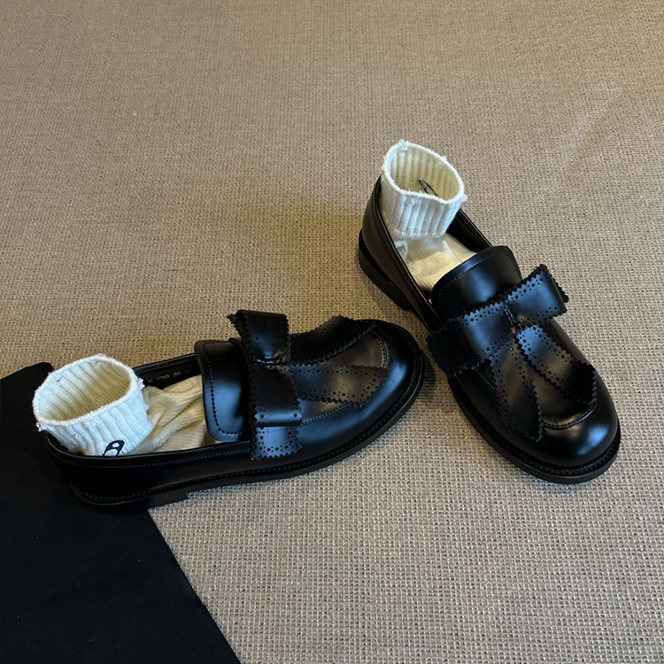 羊皮版~法式英伦风乐福鞋女低跟百搭一脚蹬黑色小皮鞋蝴蝶结单鞋