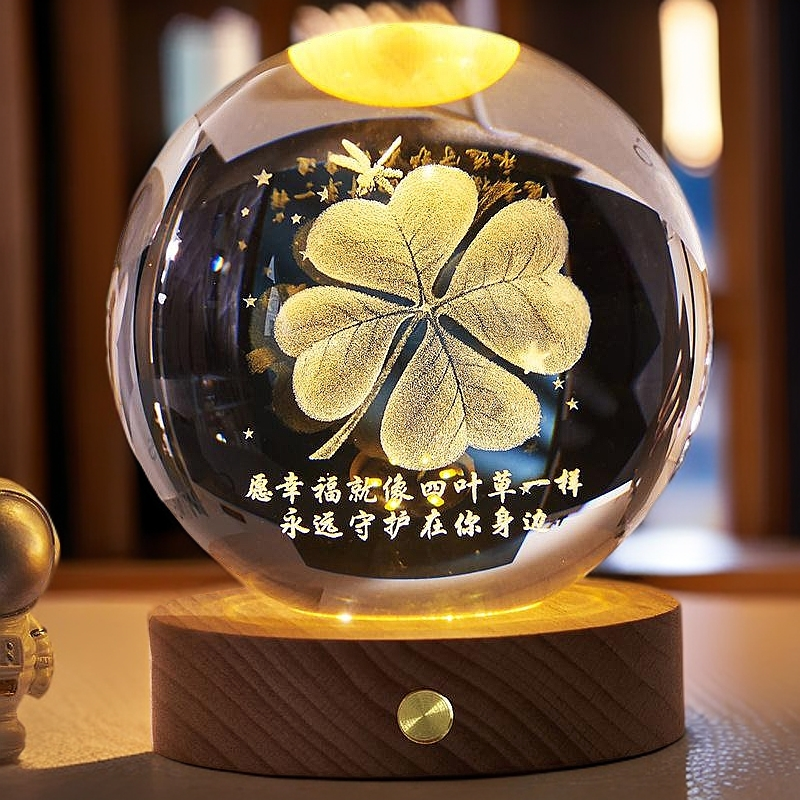 充电款圣诞节发光月亮小夜灯3D水晶球宇航员月球生日礼物桌面摆件