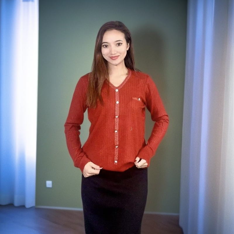 377毛针织衫V领小香风春季针织衫女水洗针织女装长袖