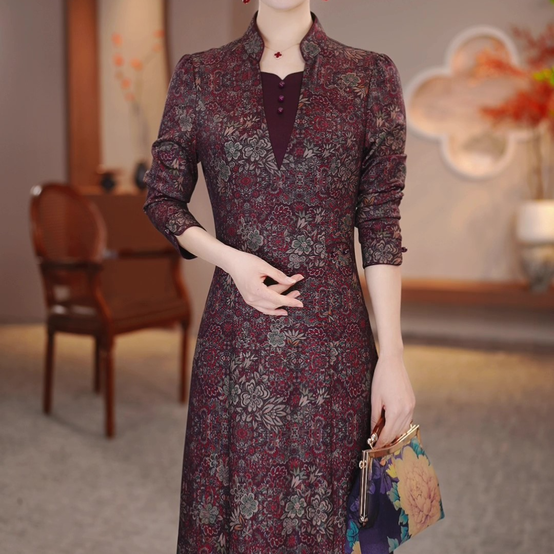 2025春秋新款长袖洋气改良旗袍妈妈装连衣裙（飞）OY-Z12083
