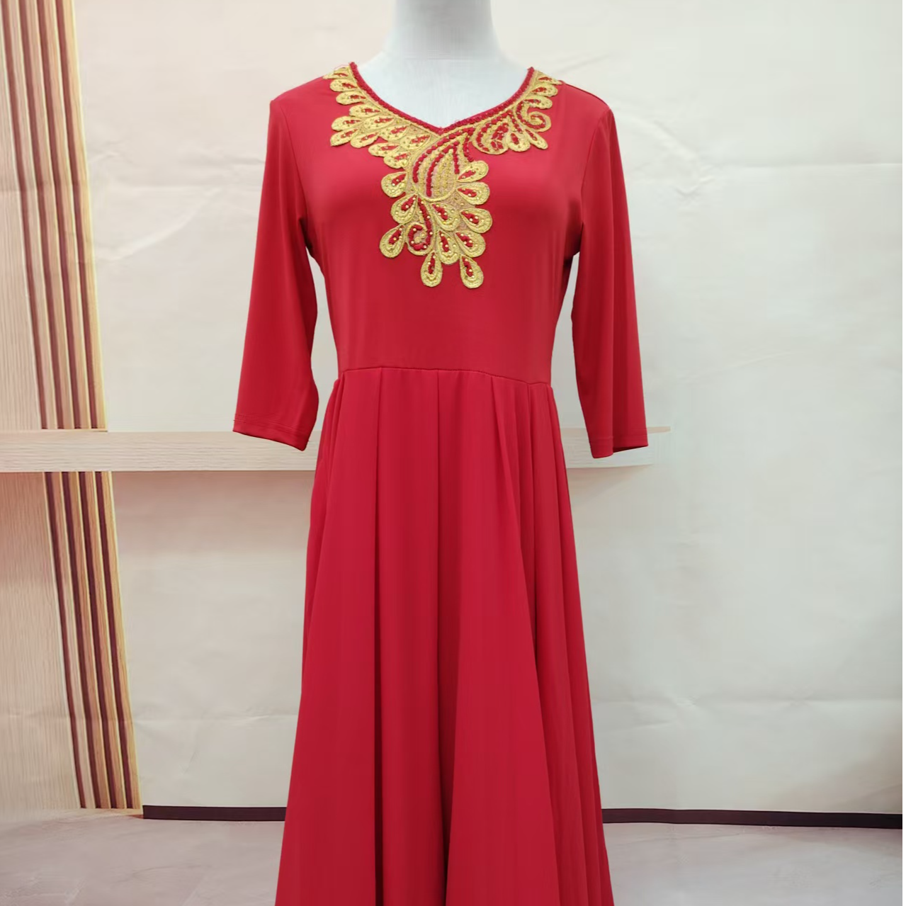 新款显瘦时尚红色长款优雅气质连衣裙大摆裙L5109