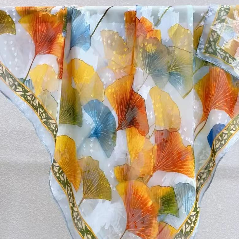 A070【七彩银杏】新款高定剪花国风百搭丝巾70*70