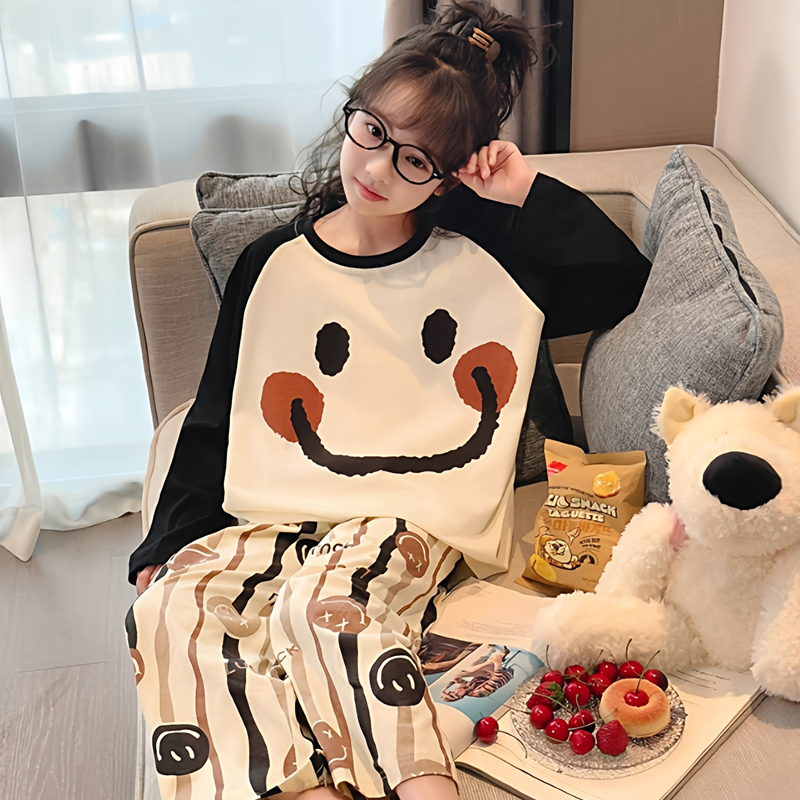 纯棉儿童睡衣初中生春秋款套装长袖女童圆领套头中大童女孩家居服