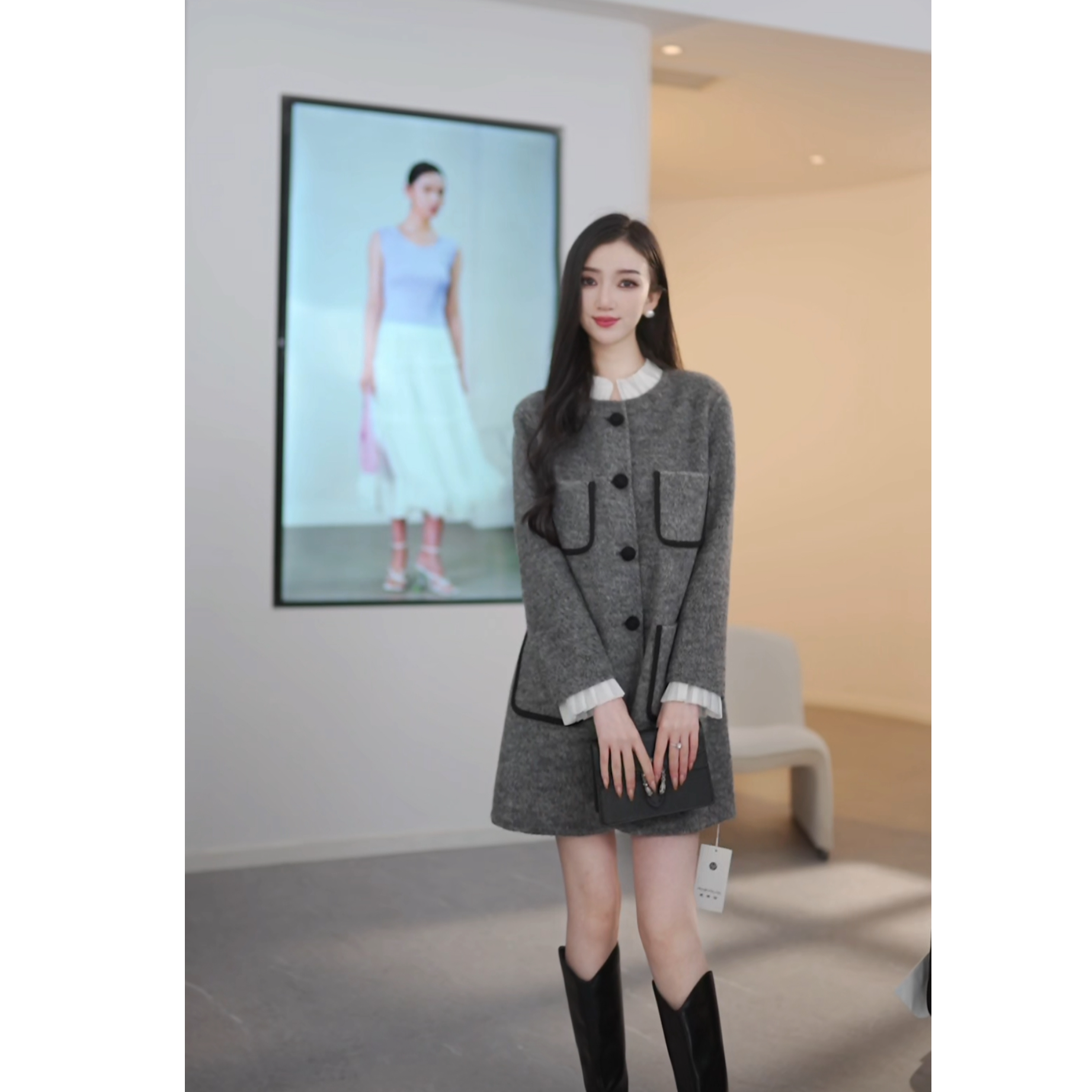 曼德诗专柜同款秋冬绵羊毛桑蚕丝兔毛大衣短外套