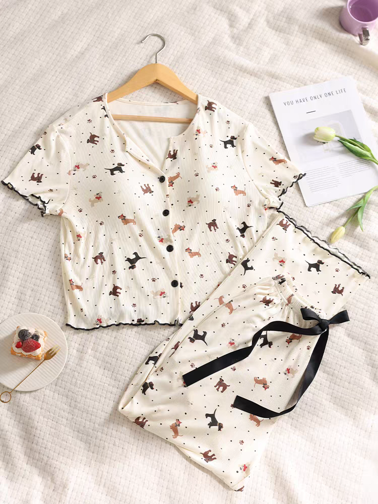 2025年爆款夏季新式潮流时尚睡衣女士甜美卡通休闲短袖长裤两件套