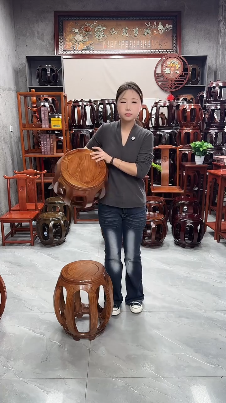 花梨木类家具原木色小号鼓凳一对（两条）