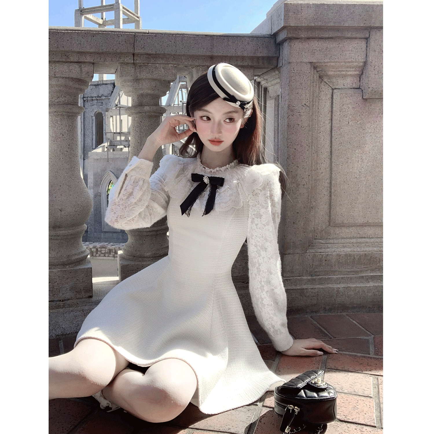 【小美】大码女装千金感磨毛蕾丝宫廷小香风伞摆连衣裙13947