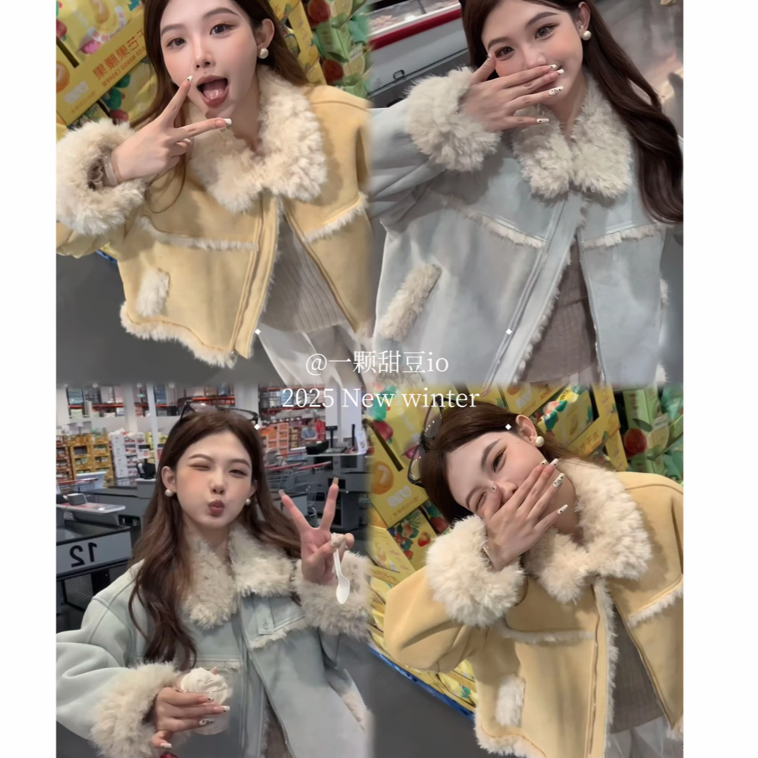仿羔毛外套女2025冬季短款小个子机车服软糯加厚上衣