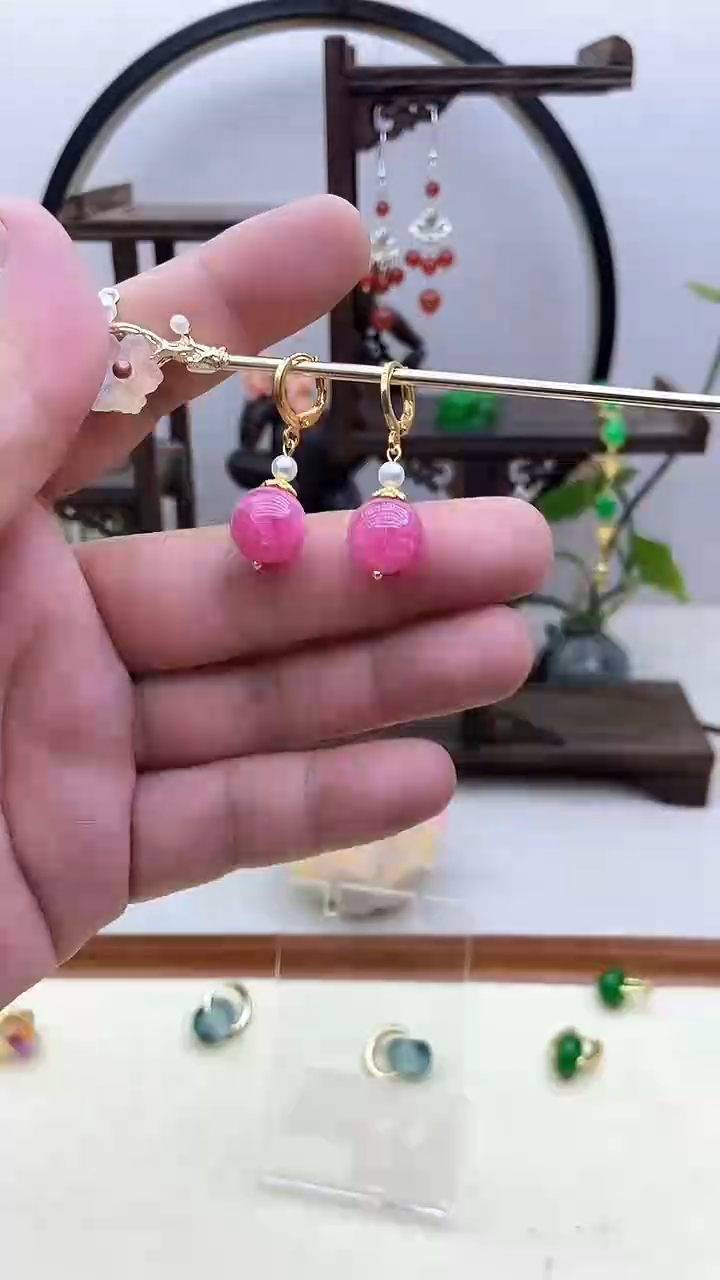 菱锰矿（红纹石）14K金镶嵌耳钉76号