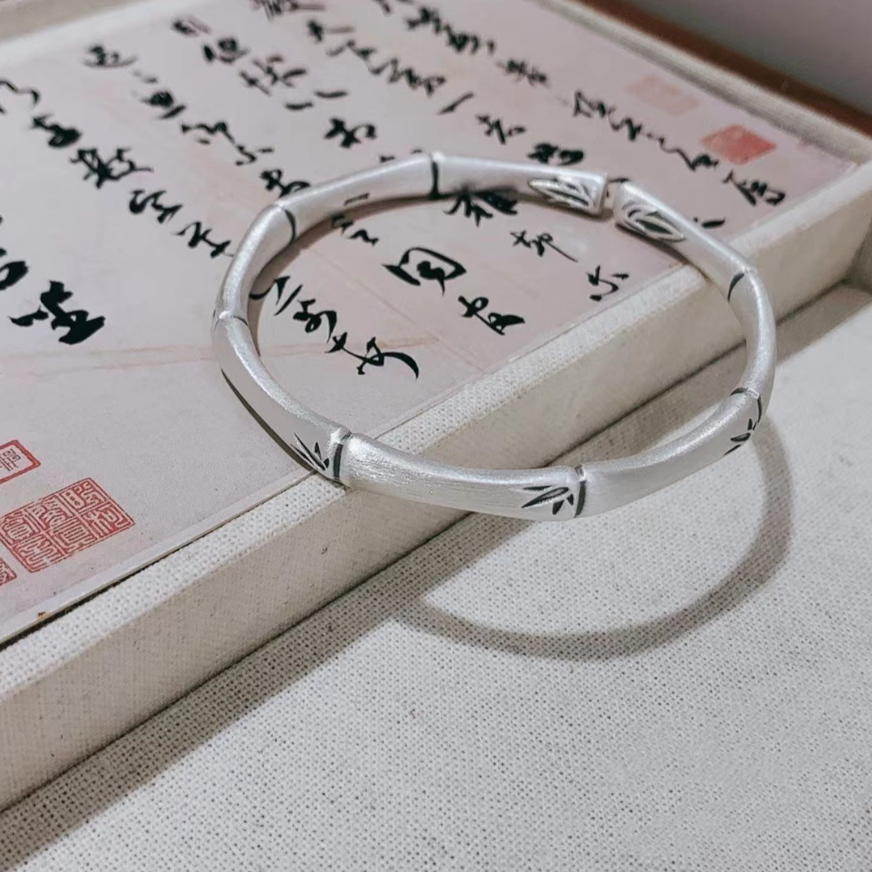 足银手镯 足银999.9手镯复古做旧相思竹节手镯简约时尚竹叶纯银