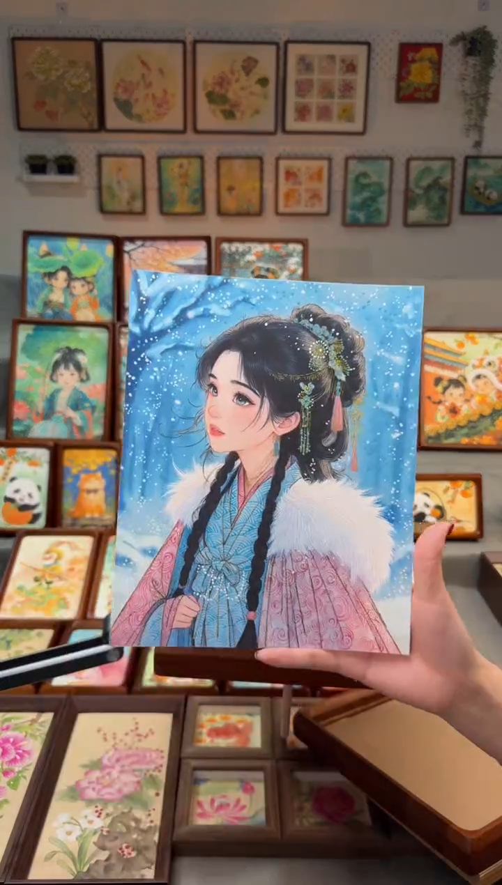 国画阿***欢雪景女孩 手绘国画10画芯