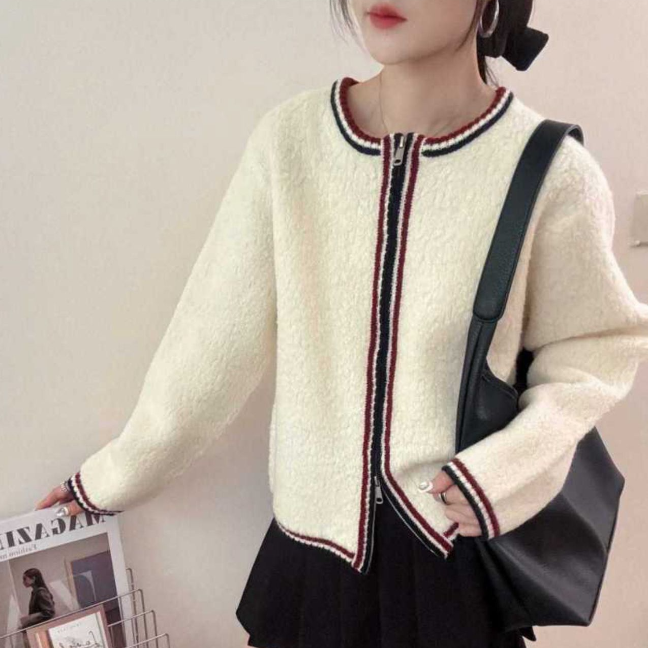 【暖冬时光】韩国货圆领圈圈毛简约撞色100%全羊毛厚外套 114048