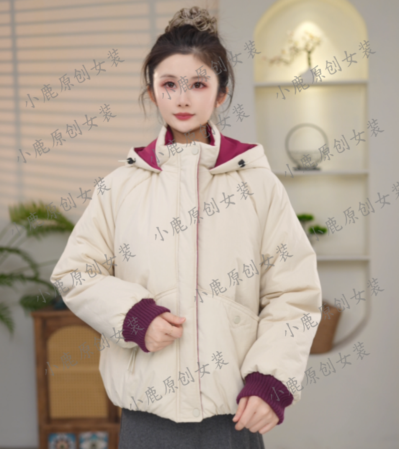 连帽棉服常规保暖时尚立领连帽秋冬公主袖女款棉衣休闲外套女装